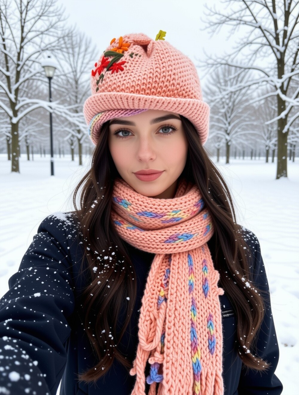 Knit Pink Floral Embroidered Hat & Scarf Set Handmade Boho Cottagecore